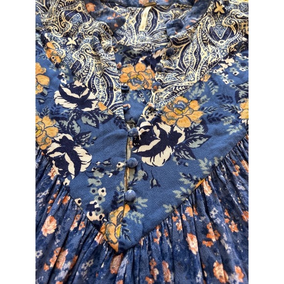 Free People Wildflower Fields Blue Orange Floral Tunic Top Sz S Bell Sleeve - Picture 5 of 12
